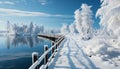 Winter landscape snow covered forest, frozen lake, tranquil beauty generated by AI Royalty Free Stock Photo