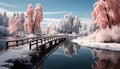 Winter landscape snow covered forest, frozen lake, tranquil beauty generated by AI Royalty Free Stock Photo