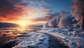 Winter landscape snow covered forest, frozen lake, tranquil sunset generated by AI Royalty Free Stock Photo