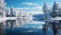 Winter landscape snow covered forest, frozen pond, tranquil scene generated by AI Royalty Free Stock Photo