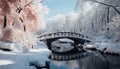 Winter landscape snow covered forest, frozen pond, tranquil scene generated by AI Royalty Free Stock Photo