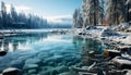 Winter landscape snow covered forest, frozen pond, tranquil scene generated by AI Royalty Free Stock Photo