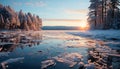 Winter landscape snow covered forest, frozen pond, tranquil sunrise generated by AI Royalty Free Stock Photo