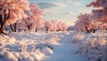 Winter landscape snow covered forest, frozen tree, tranquil beauty generated by AI Royalty Free Stock Photo