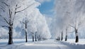 Winter landscape snow covered forest, frozen tree, tranquil snowy scene generated by AI Royalty Free Stock Photo