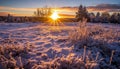 Winter landscape snow covered forest, frozen tree, tranquil sunset generated by AI Royalty Free Stock Photo