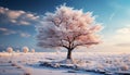 Winter landscape snow covered forest, icy branches, sunset over frozen meadow generated by AI Royalty Free Stock Photo