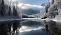 Winter landscape snow covered forest, icy water reflection, mountain beauty generated by AI