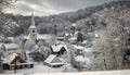 Winter landscape with snow covered forest and mountain architecture generated by AI