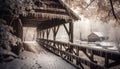 Winter landscape snow covered forest, old hut, broken bridge, spooky mystery generated by AI