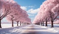 Winter landscape snow covered forest, pink blossoms, tranquil meadow, vanishing sunset generated by AI Royalty Free Stock Photo