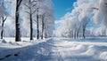 Winter landscape snow covered forest, tranquil, cold, with blue sky generated by AI Royalty Free Stock Photo
