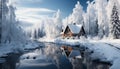 Winter landscape snow covered forest, tranquil mountain, frozen cottage, peaceful night generated by AI Royalty Free Stock Photo