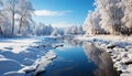 Winter landscape snow covered forest, tranquil pond, and frozen tree generated by AI Royalty Free Stock Photo