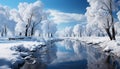 Winter landscape snow covered forest, tranquil reflection, cold mountain beauty generated by AI Royalty Free Stock Photo