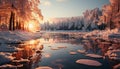 Winter landscape snow covered forest, tranquil scene, frozen pond, sunset reflection generated by AI Royalty Free Stock Photo