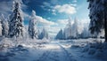Winter landscape snow covered forest, tranquil scene, icy mountain range generated by AI Royalty Free Stock Photo