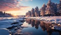 Winter landscape snow covered forest, tranquil sunset, frozen mountain, icy reflection generated by AI Royalty Free Stock Photo