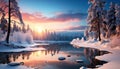 Winter landscape snow covered forest, tranquil sunset, frozen reflection, icy beauty generated by AI Royalty Free Stock Photo