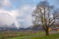 Winter landscape with snow covered Grimming mountain in Ennstal, Steiermark, Austria