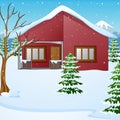 Winter landscape with snow covered house and fir tree Royalty Free Stock Photo