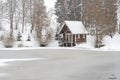 Winter landscape with snow covered house,trees and frozen lake Royalty Free Stock Photo