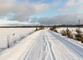 Winter landscape, snow-covered land, trees and fields, beautiful winter road, winter time