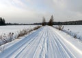 Winter landscape, snow-covered land, trees and fields, beautiful winter road, winter time