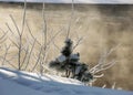 Winter landscape, snow-covered land, trees and fields, frosted small pine silhouette on the river bank, winter time