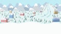 Winter landscape, snow-covered mountain village-houses, cars, Alpine resort, mountain with ski run and lift, skiers and