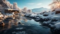 Winter landscape snow covered mountains, frozen forest, tranquil sunset reflection generated by AI Royalty Free Stock Photo