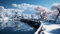 Winter landscape snow covered mountains, frozen lake, tranquil scene generated by AI Royalty Free Stock Photo