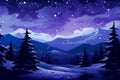 winter landscape with snow covered mountains and pine trees at night Royalty Free Stock Photo