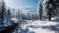 Winter landscape with snow covered mountains and trees. Generative AI Royalty Free Stock Photo
