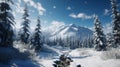 Winter landscape with snow covered mountains and trees. Generative AI Royalty Free Stock Photo