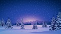 Winter landscape with snow-covered pines, hills on horizon, blue starry sky and snow-covered plains