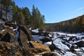 Winter landscape with snow-covered rocks and pine forest, Eastern Sayan Mountains in Siberia, Russia Royalty Free Stock Photo