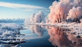 Winter landscape snow covered tree, frozen pond, tranquil reflection generated by AI Royalty Free Stock Photo