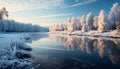 Winter landscape snow covered tree reflects in frozen blue pond generated by AI Royalty Free Stock Photo