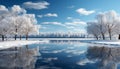 Winter landscape snow covered tree reflects in frozen pond generated by AI Royalty Free Stock Photo