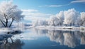 Winter landscape snow covered tree reflects in frozen tranquil pond generated by AI Royalty Free Stock Photo