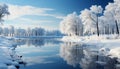 Winter landscape snow covered tree reflects tranquil blue sky generated by AI Royalty Free Stock Photo