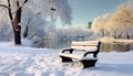 Winter landscape, snow covered tree, tranquil bench, frozen pond generated by AI Royalty Free Stock Photo