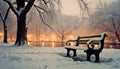 Winter landscape, snow covered tree, tranquil bench, sunset generated by AI Royalty Free Stock Photo