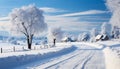 Winter landscape snow covered tree in tranquil forest, frosty blue sky generated by AI Royalty Free Stock Photo