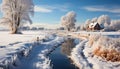 Winter landscape snow covered tree in tranquil forest, frozen meadow generated by AI Royalty Free Stock Photo