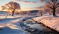 Winter landscape snow covered tree in tranquil forest at sunset generated by AI Royalty Free Stock Photo