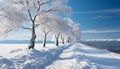 Winter landscape snow covered tree, tranquil scene, icy branch, frozen beauty generated by AI