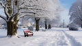Winter landscape with snow covered trees and bench in a park in the city Royalty Free Stock Photo