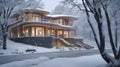 Winter landscape with snow covered trees and cozy house with garage and pool